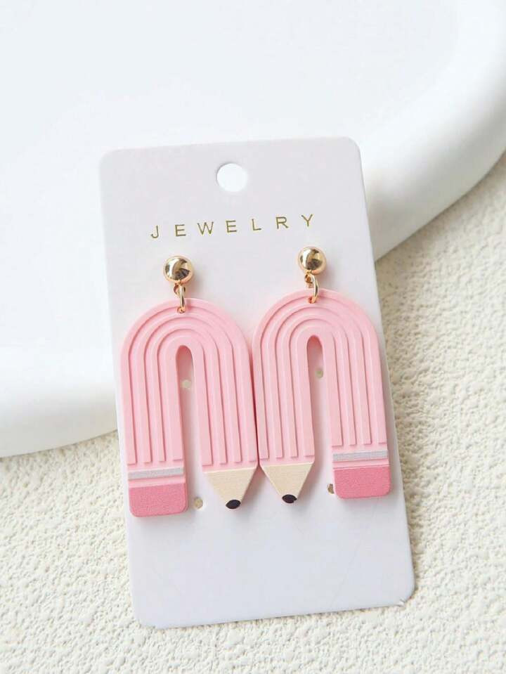 1pair Back-To-School & Teacher's Day Themed Soft Clay & Acrylic Dangle Earrings, Pink Curved Penc... | SHEIN