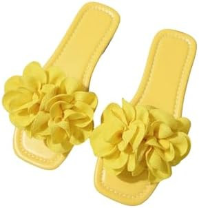 OYOANGLE Women's Floral Slide Sandals Square Open Toe Summer Beach Vacation Dressy Slip on Flat S... | Amazon (US)
