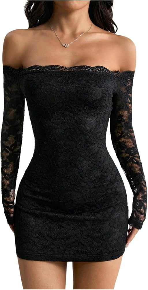 GORGLITTER Women's Lace Long Sleeves Mini Dress Y2K Fall Sexy Off The Shoulder Bodycon Night Out ... | Amazon (US)