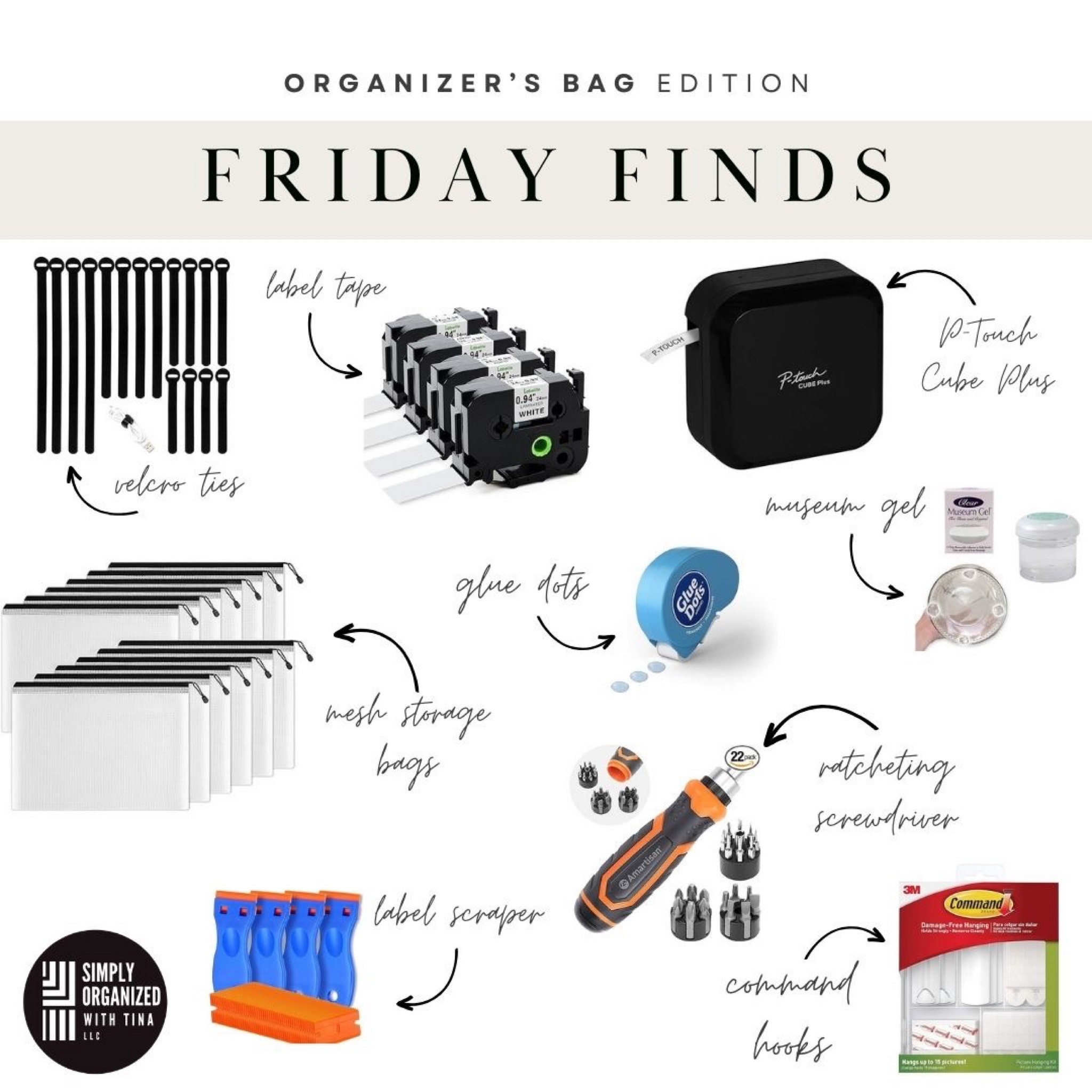 In addition to bins, totes, and baskets, each space we organize requires many different tools and items to make the ✨magic✨ happen.  Here are our favorite organizing supplies we keep in our work bags:

▪️ P-Touch Cube Plus- The best label maker on the market; easily connects wirelessly to smart devices for labeling on the go
▪️ Label Tape 1" labels- Easy to apply 
▪️ Zipper Pouches- To organize all of the supplies within the bag; we also use these bags frequently when organizing games, puzzles, and arts and craft spaces!
▪️ Museum Gel- To keep those drawer organizers in place
▪️ Glue Dots- Another option to hold small organizers in drawers 
▪️ Velcro Ties- For cable management wire ties for organizing home and office cords; velcro makes them easy to adjust and reuse
▪️ Command Hooks variety pack- Easily hang items without damaging walls
▪️ Label Scraper- To effortlessly remove stickers and labels
▪️ Ratcheting screwdriver- Includes variety of screwdriver bits; quickly loosening or tighten screws when assembling or rearranging furniture or other pieces

#LTKhome #LTKitbag