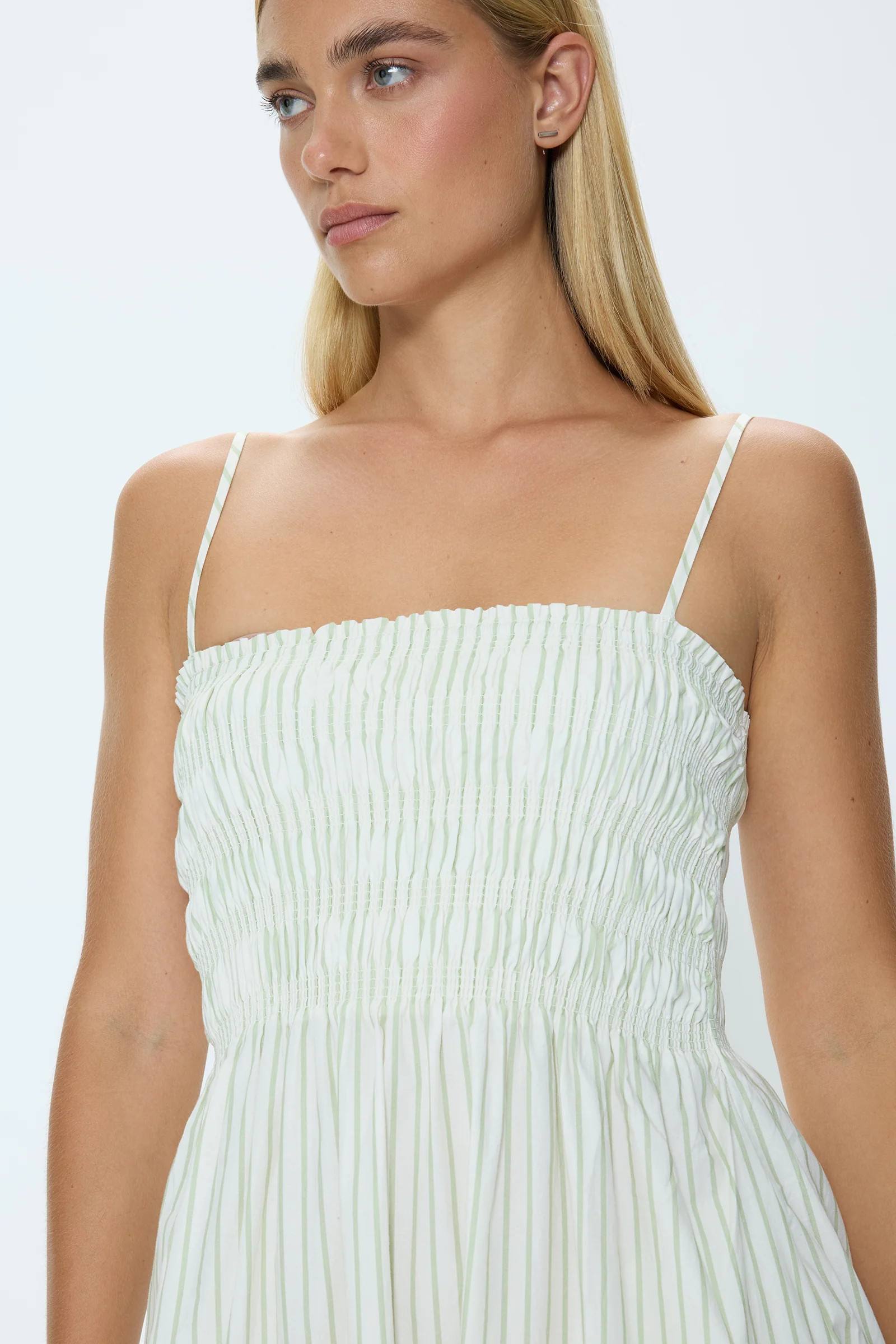 Bianca Shirred Bodice Dress - Sage Egret Stripe | Pistola Denim