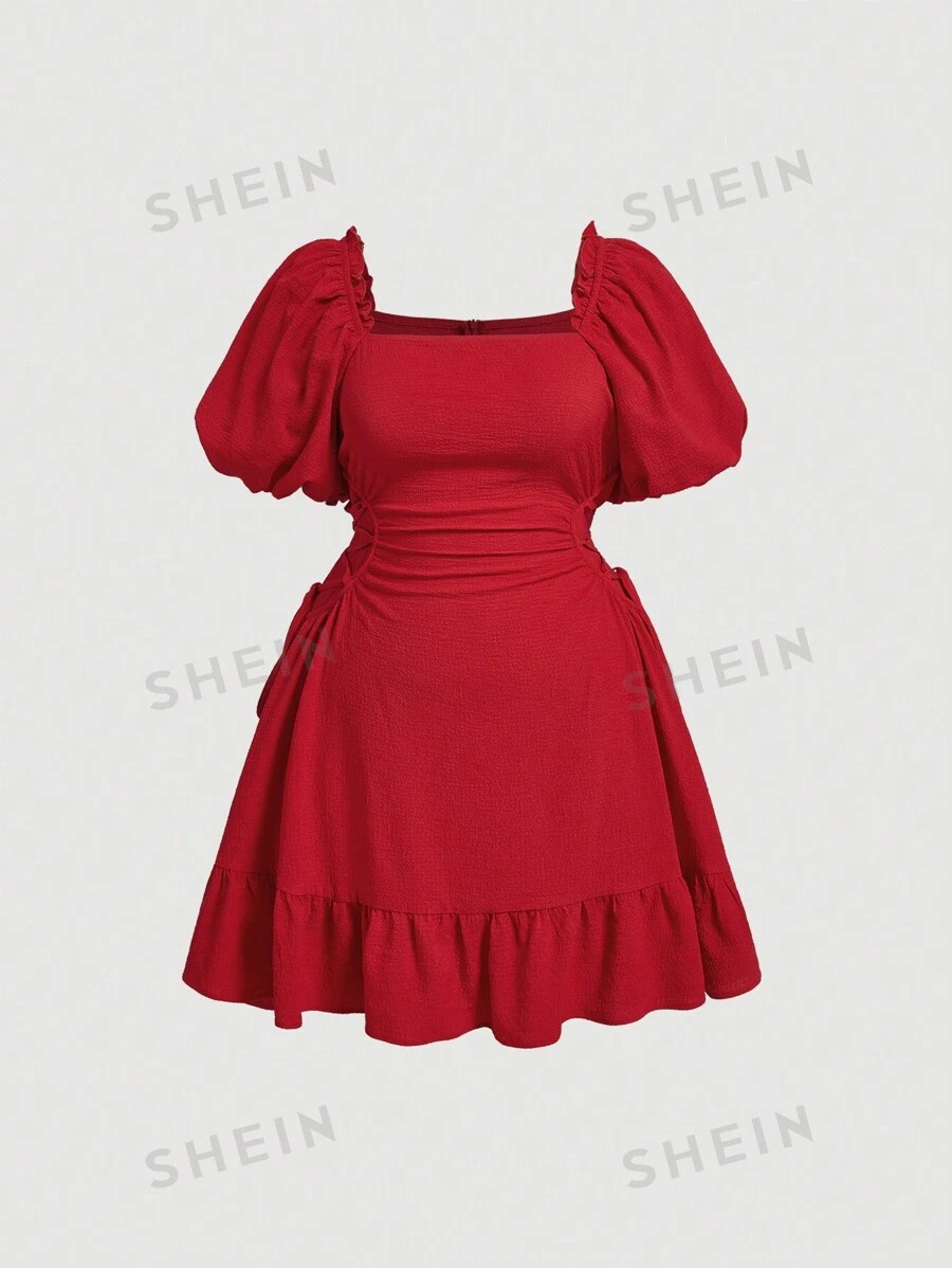 SHEIN MOD Summer Solid Color Square Neck Puff Sleeve Side Tie Mini Dress | SHEIN