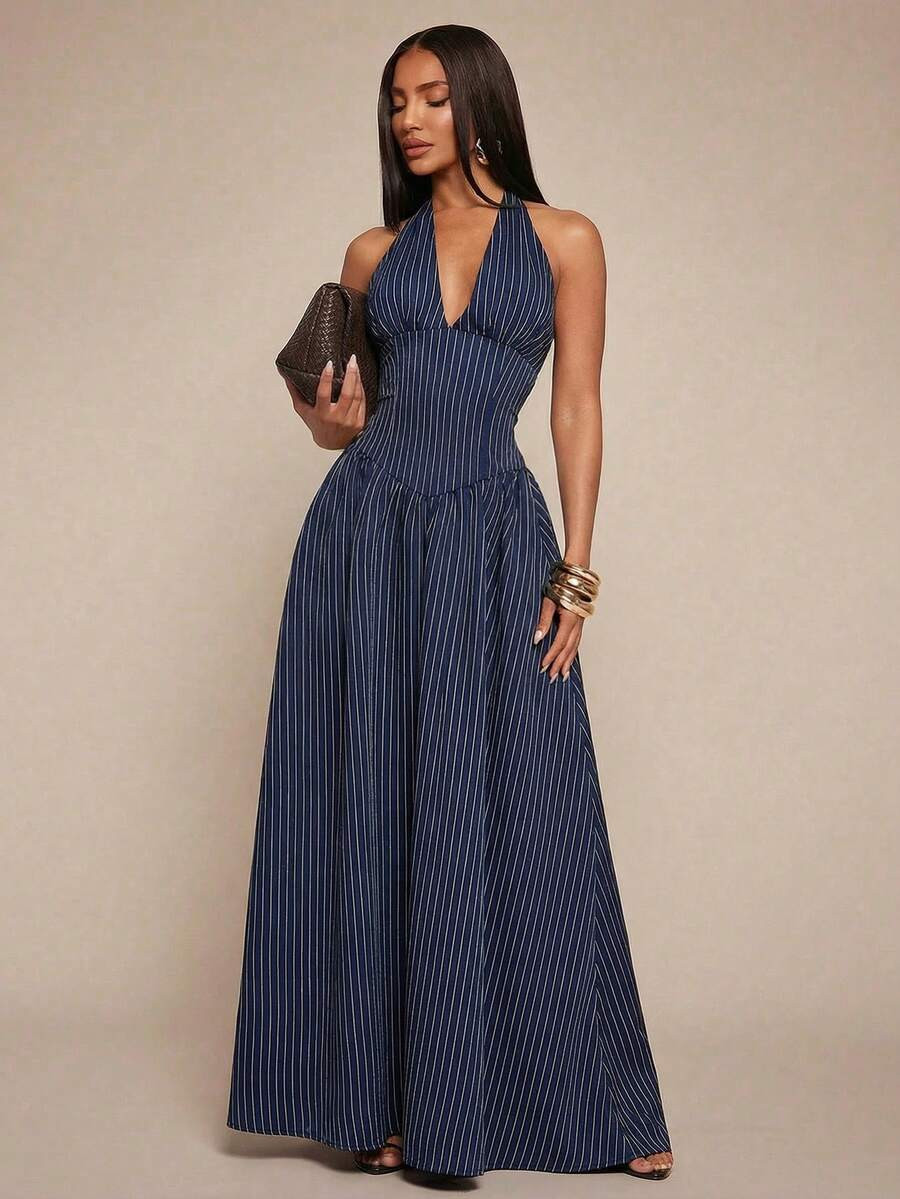 Radiana Navy Blue Striped Halter Neck Fitted Midi Dress, Bodycon Waist Design, Flowy Skirt, Suita... | SHEIN