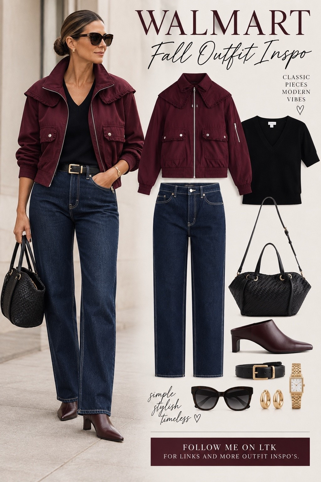 This rich burgundy jacket is the piece that makes the whole outfit. Paired with dark denim, a simple black knit and those sleek little mules, it feels polished without trying too hard. The oversized collar gives it just enough personality while the classic pieces keep everything grounded and wearable. Definitely one of those Walmart finds that makes getting dressed more interesting. #WalmartFashion #WalmartStyle #FallOutfitInspo #FallStyle #Over40Style #Over50Style #ClassicStyle #TimelessStyle #EverydayStyle #LTKStyle

#LTKootd #LTKOver40 #LTKMidsize
