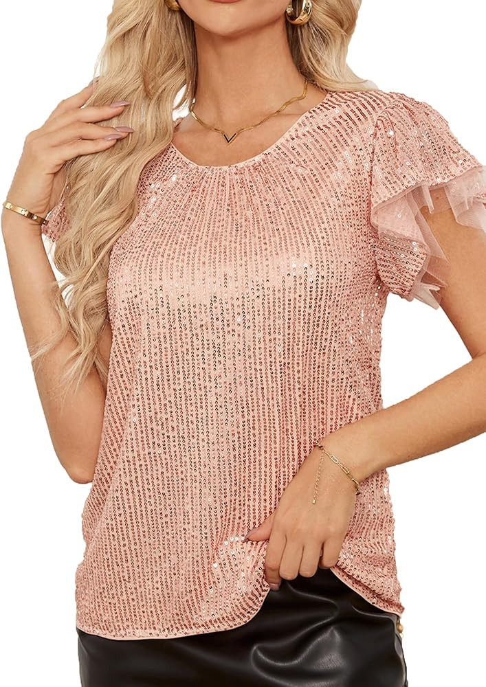 GRACE KARIN Women's Sparkly Sequin Tops Short Sleeve Glitter Dressy Blouses Round Neck Party Club... | Amazon (US)