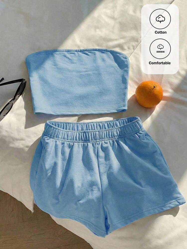 Comfortcana 2pcs Women's Casual Solid Color Blue Top/Tank And Shorts Set, Spring/Summer | SHEIN