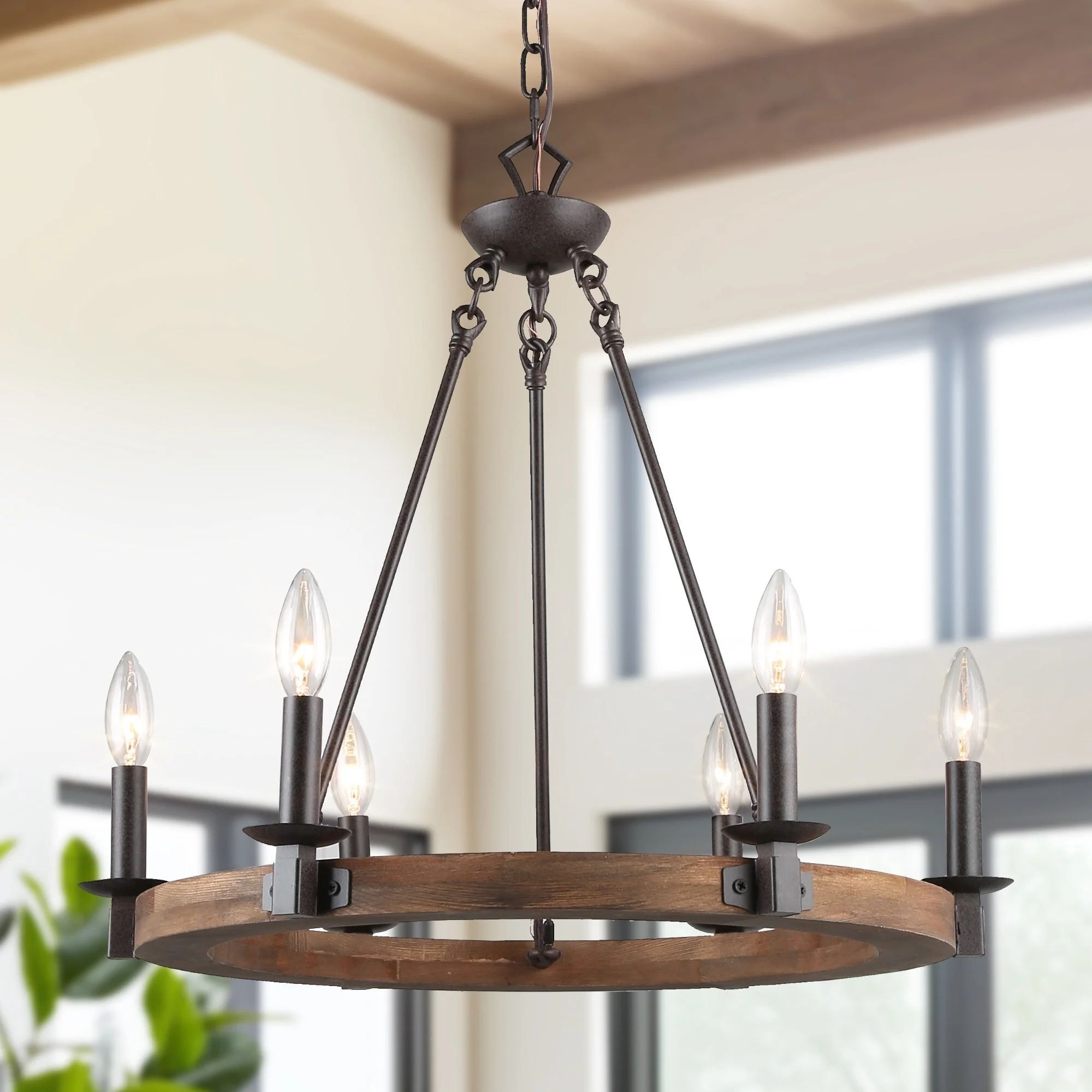 Granja Moderna, Rueda de Vagón de 6 Luces, Araña Industrial de Metal de Madera para Comedor | Walmart (US)