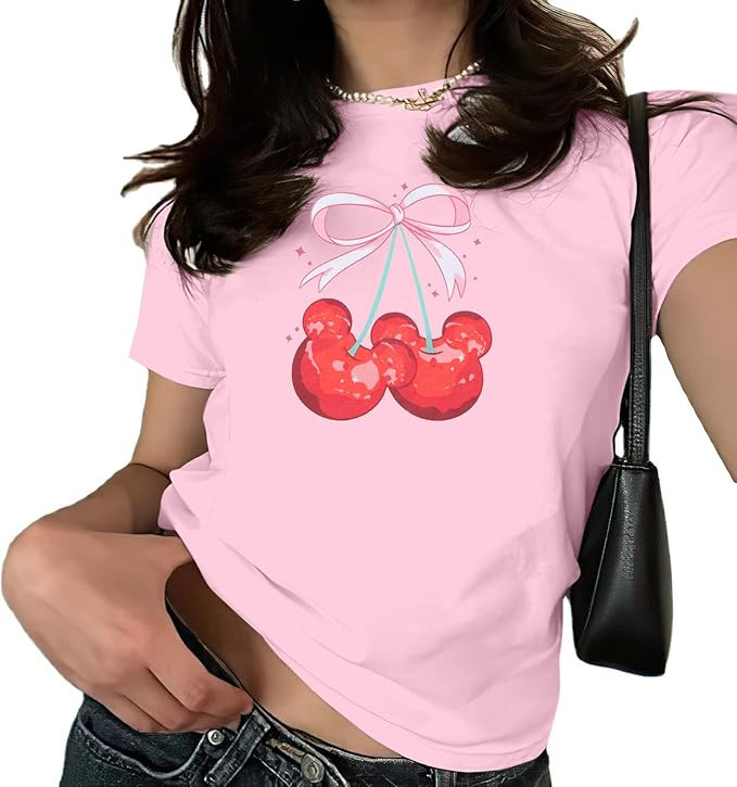 Pink Bow Cherries Shirt Women: Coquette Tops Clean Girl Aesthetic Shirts Casual Summer Short Slee... | Amazon (US)