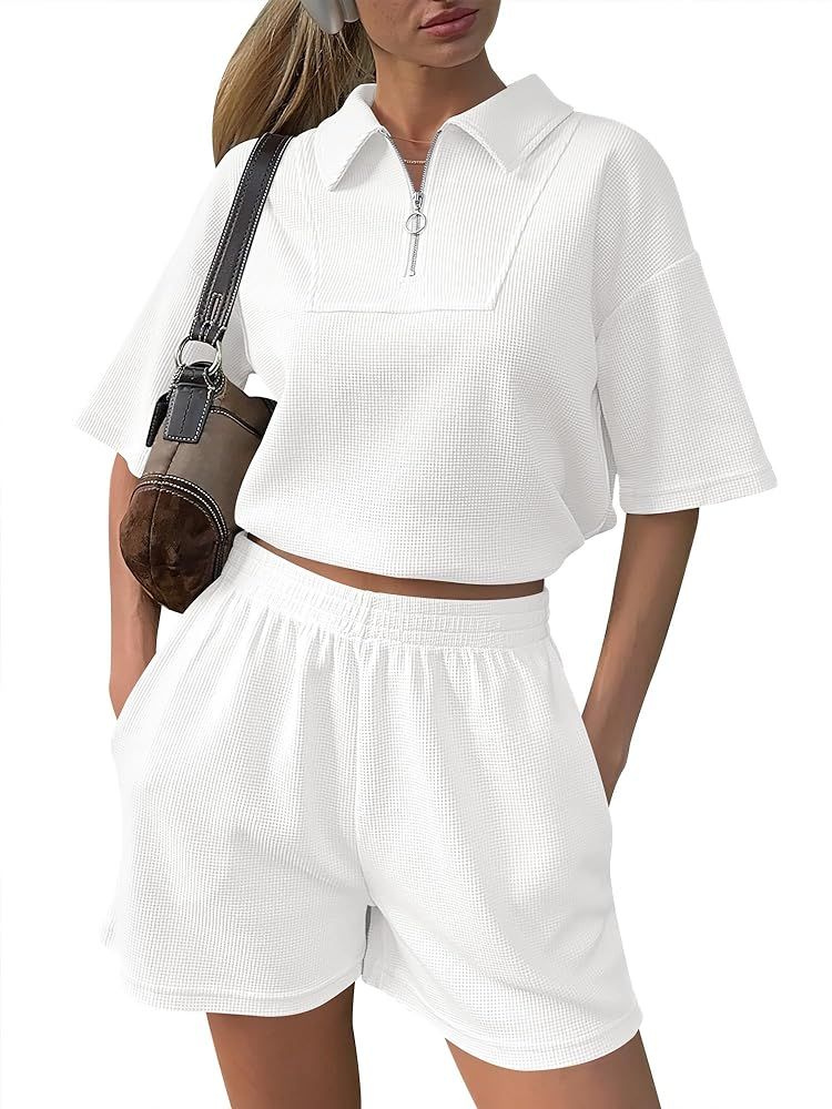 ANRABESS Women's 2 Piece Outfits Half Zip Lapel Collar Short Sleeve Crop Tops Short Pants Matchin... | Amazon (US)