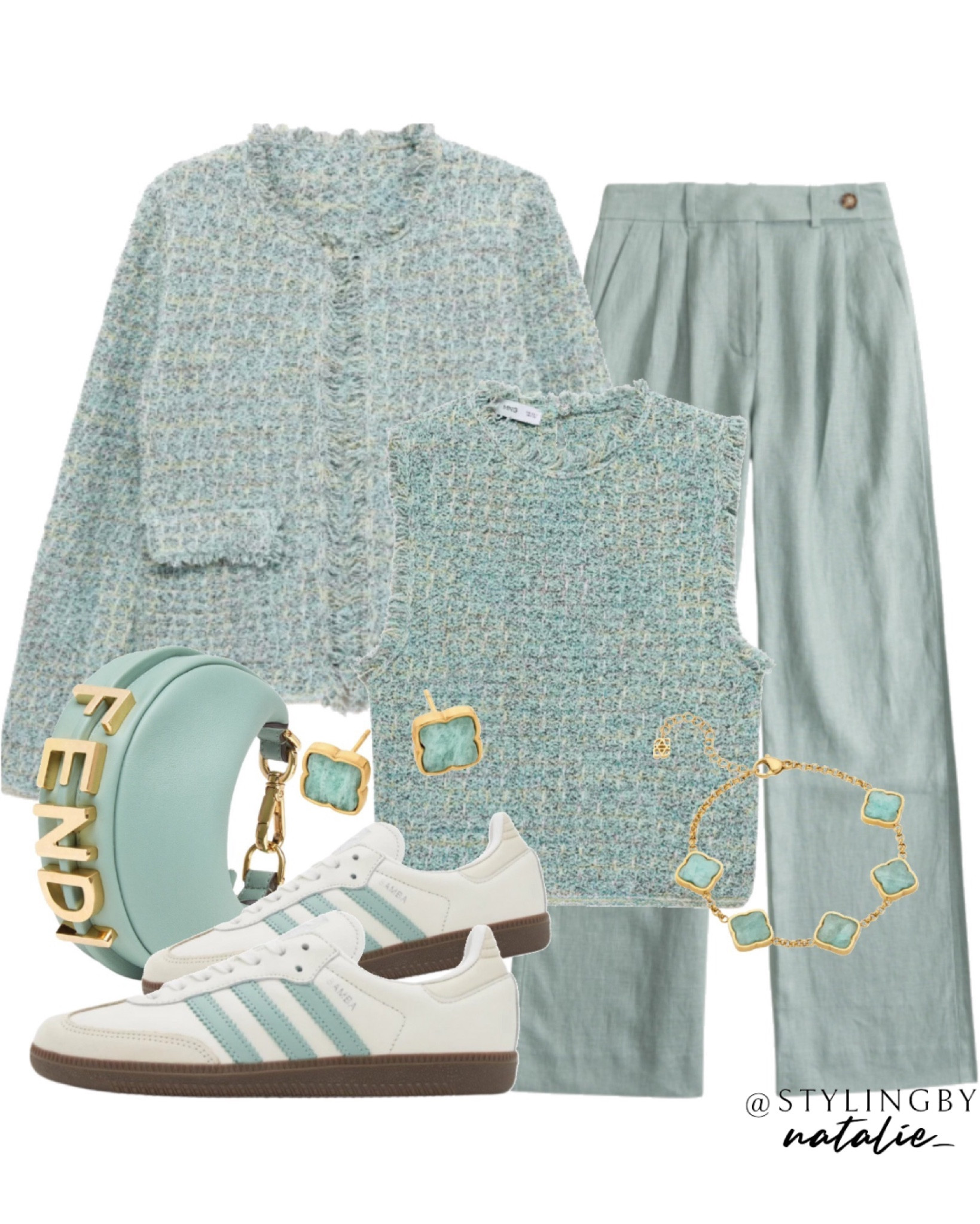 Tweed jacket & top matching set, tailored linen trousers, adidas samba trainers, fendi bag and clover jewellery.
🏷️Green outfit, adidas samba sneakers, casual chic, workwear, office outfit.

#LTKuk #LTKeurope #LTKstyletip