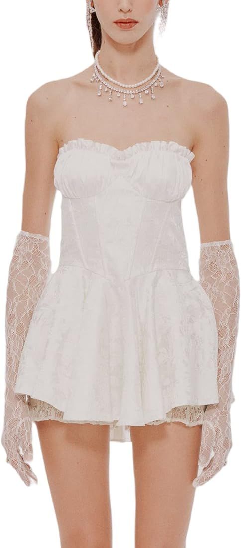 Vintage Off Shoulder Mini Dress for Women Long Puff Sleeve Ruched Dress Y2K Fairy High Waist A-li... | Amazon (US)