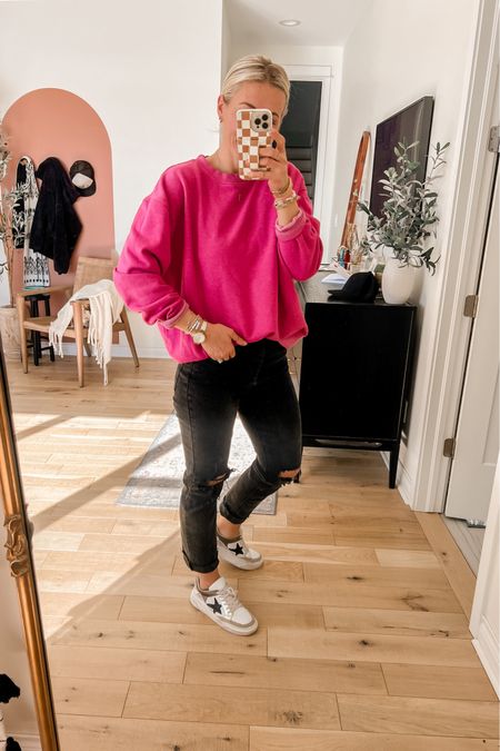 Today’s outfit: 

top is sold out right now. Linking more pink sweatshirts from target. 

Jeans are from target-true to size. 

Sneakers was her from pink, lily, use code, SARAHJOY for 15% off.

#LTKunder50 #LTKshoecrush