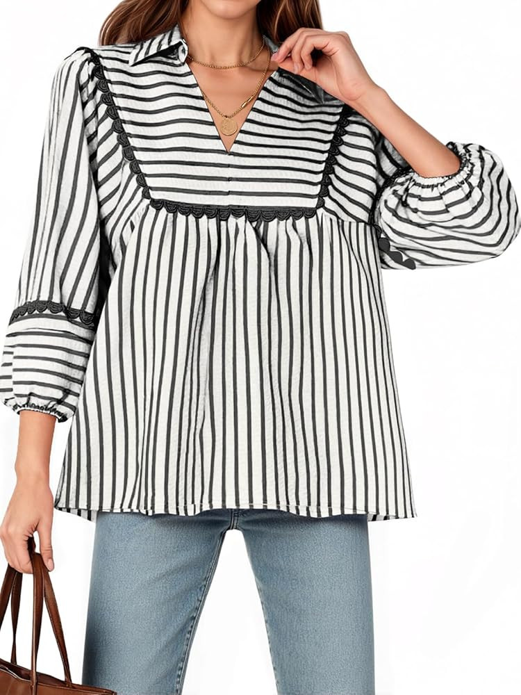 Tankaneo Womens Striped Babydoll Tops Oversized 3/4 Sleeve Peplum Blouse Loose Fit Pleated Cute S... | Amazon (US)