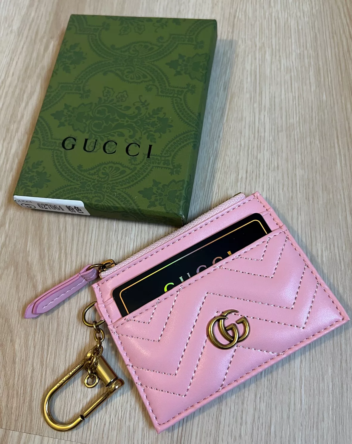 GG Marmont keychain card case in light pink leather