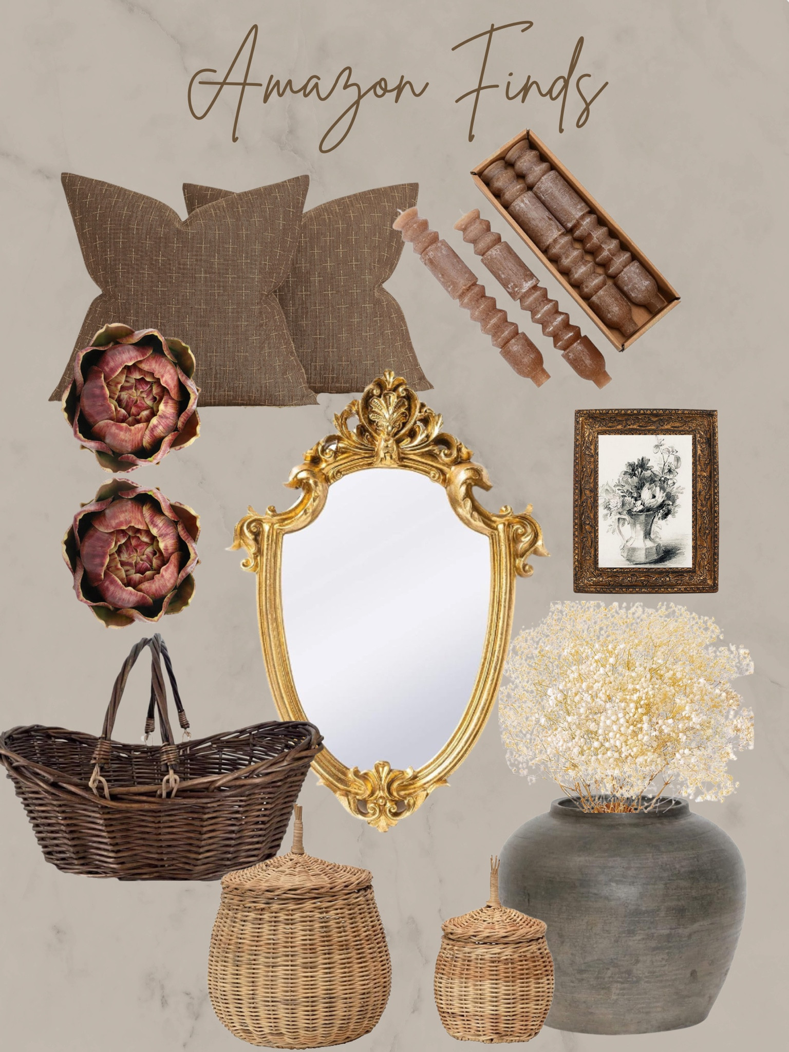 Vintage style home decor, fall decor, taper candles, throw pillows, brass mirror, collecting baskets, gathering baskets, faux artichokes, antique inspired wall decor, affordable home decor, Amazon finds

#LTKsalealert #LTKfindsunder50 #LTKhome