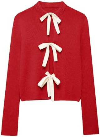 Tie Front Cardigan Sweaters for Women Y2K Bow Tie Open Front Cardigans Crewneck Long Sleeve Sweat... | Amazon (US)