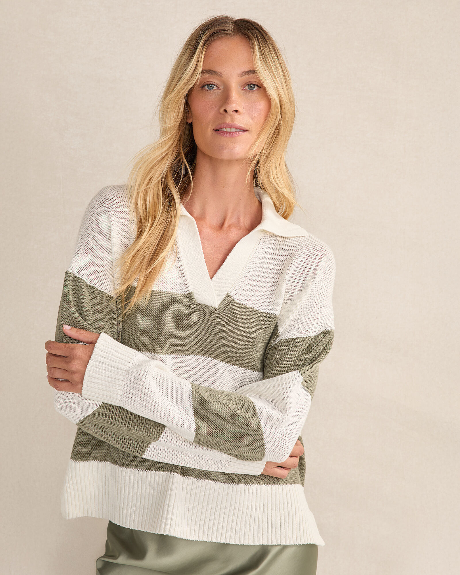 Organic Cotton Linen Stripe Johnny Collar Sweater | Haven Well Within