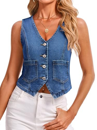 IVIR Denim Vest V Neck Jean Vest Tops for Women Sleeveless Button Down Denim Cropped with Pockets Casual Outfits Dark Denim Blue M | Amazon (US)