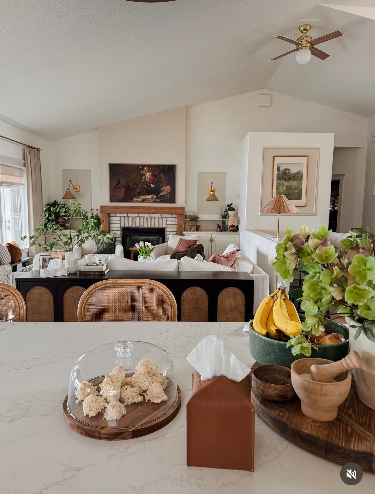 Cozy modern cottage decor and furniture. Affordable hutch, console table, ceiling fan, frame tv, rattan sconces, rattan bar stools.

#LTKHome