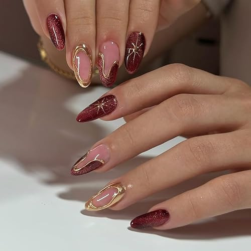 Red Press on Nails Medium Almond Fake Nails with Red Golden French Tip Nails Design Cat Eyes Nails Press Ons Glitter French Artificial Gel Acrylic Glossy Glue on Nails Stick on Nails for Women 24PCS | Amazon (US)