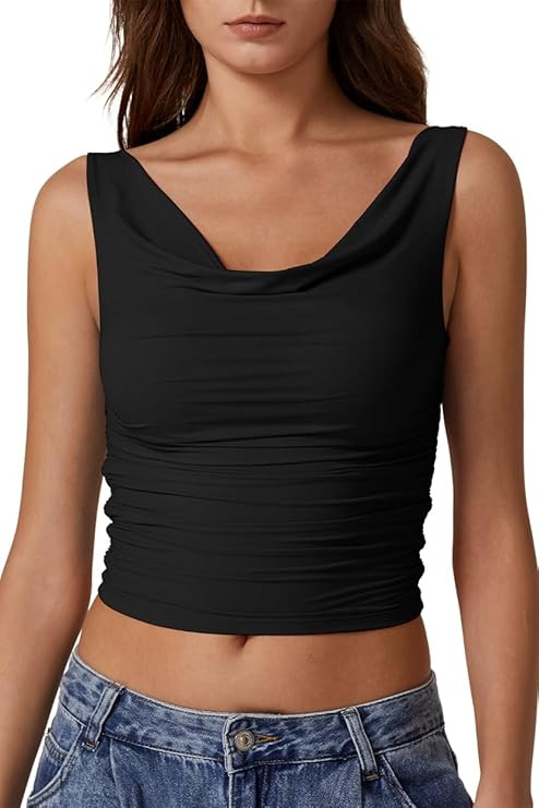 QINSEN Women's Cowl Neck Top Sleeveless Ruched Double Lined Crop Top Y2k T Shirts | Amazon (US)