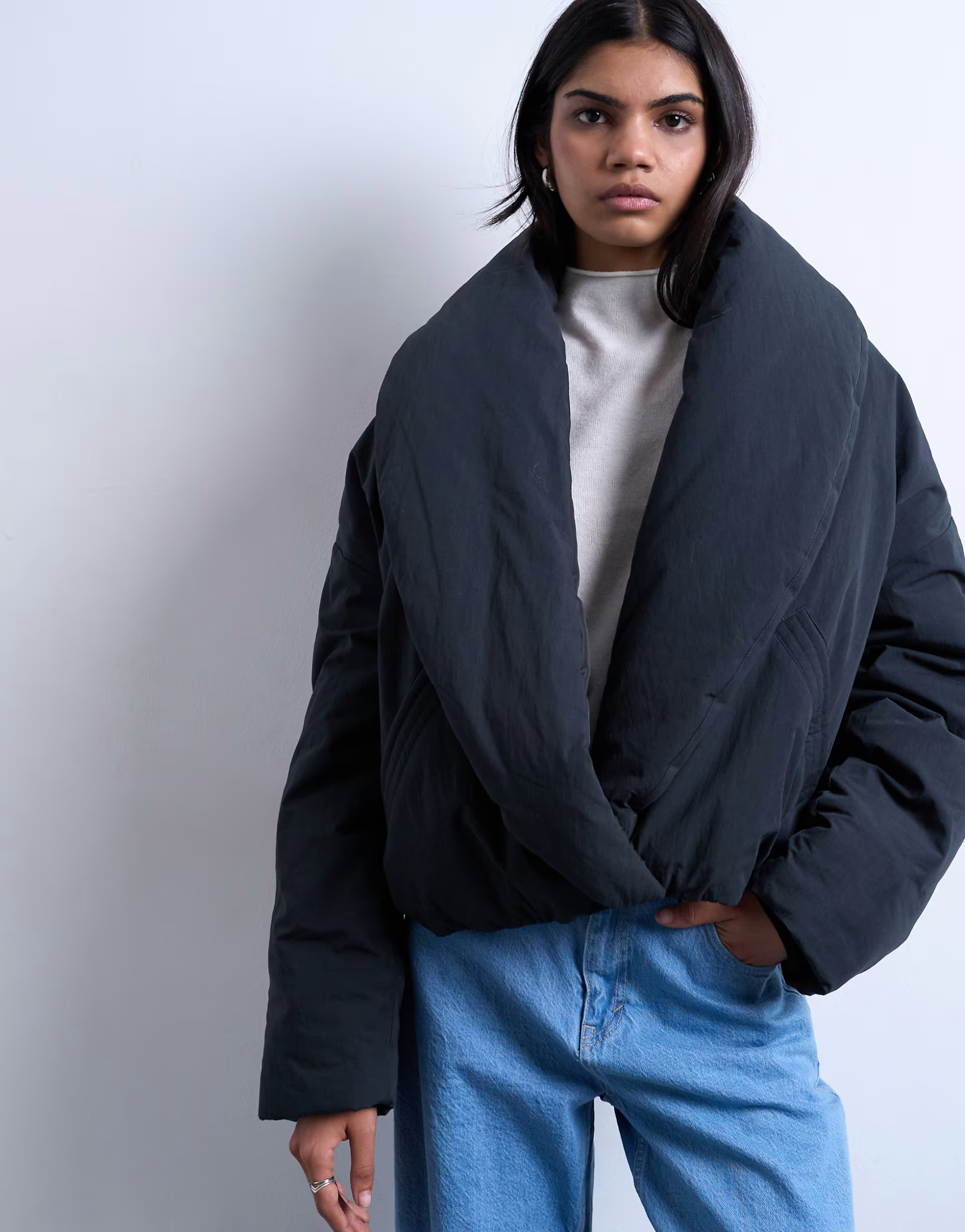 Topshop padded shawl puffer jacket in washed black | ASOS (Global)