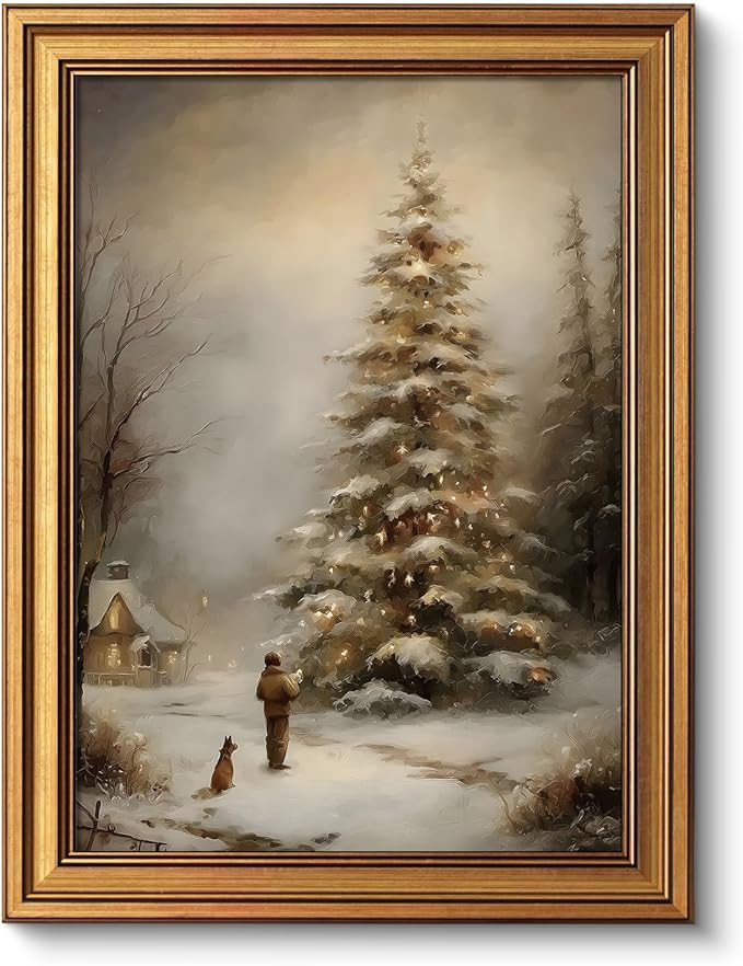 VIYYIEA Gold Framed Canvas Art, Vintage Christmas Tree Decor, 12x16Inch, Retro Winter scene Pictu... | Amazon (US)