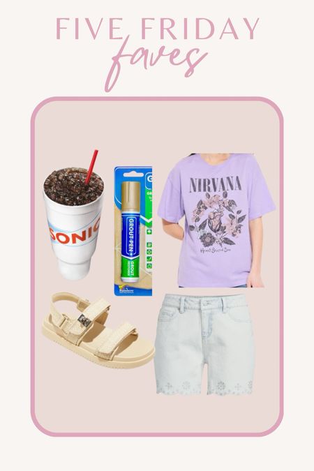 This weeks five Friday faves!!

•dirty Vanilla Coke Zero from Sonic!
•grout pen
•nirvana graphic tee - I got a small
•raffia sandals from target- fit tts for me. I got an 8.5
•scalloped embroidered denim shorts from walmart- these fit tts for me, I got a 2

#walmartfaves #amazonfind #walmartfashion #targetfashion #targetshoes #fridayfaves 

#LTKshoecrush #LTKfindsunder50