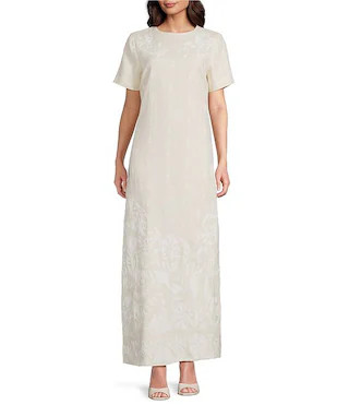 Linen Floral Embroidered Crew Neck Short Sleeve Maxi Dress | Dillard's