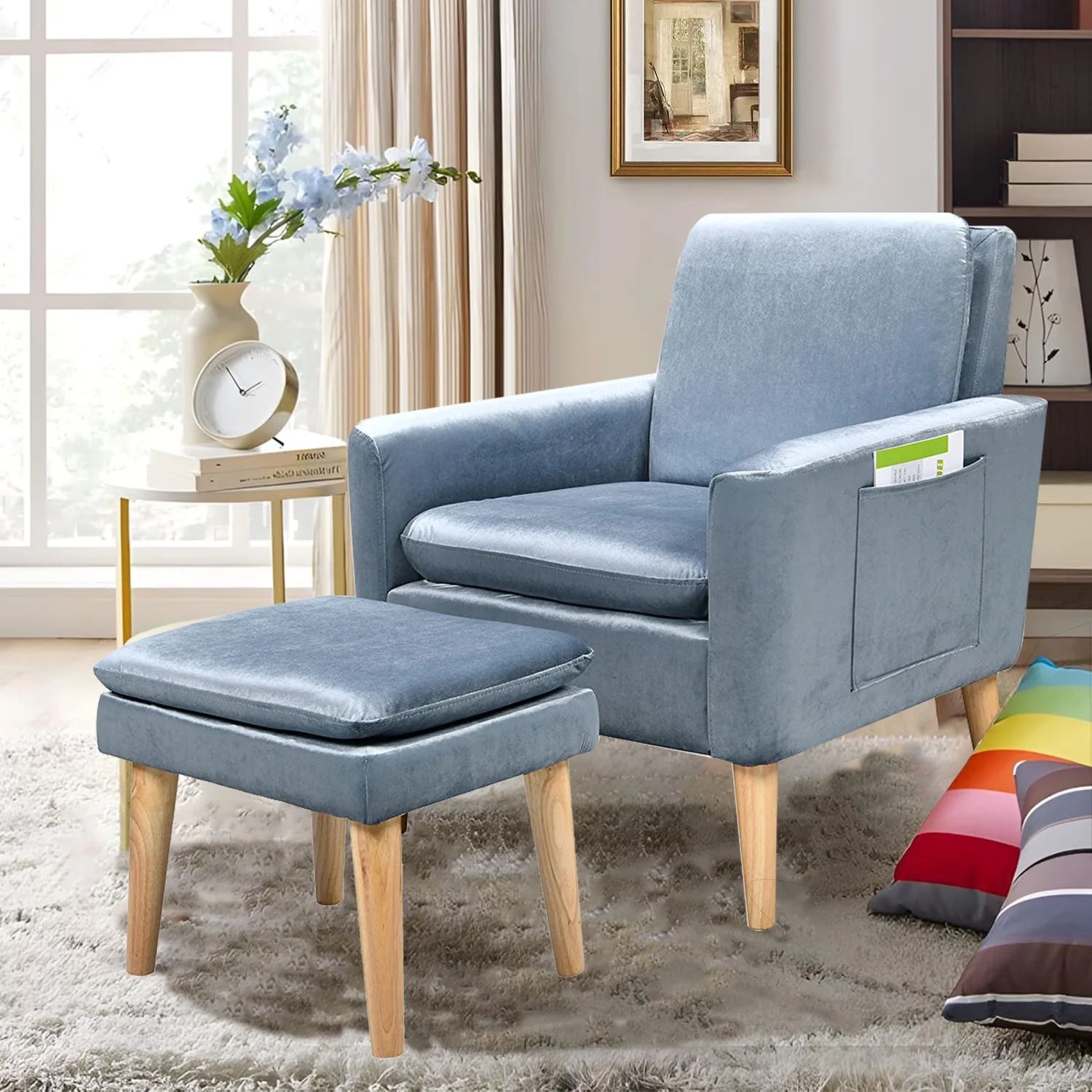 Accent Chair with Ottoman, Modern Fabric Upholstered Armchair with Footrest, Storage Pocket, Comf... | Walmart (US)