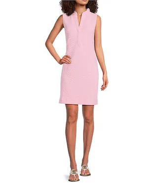 Elsey Leafy Knit Pucker Jacquard Ruffle Notch Collar Sleeveless Shift Dress | Dillard's