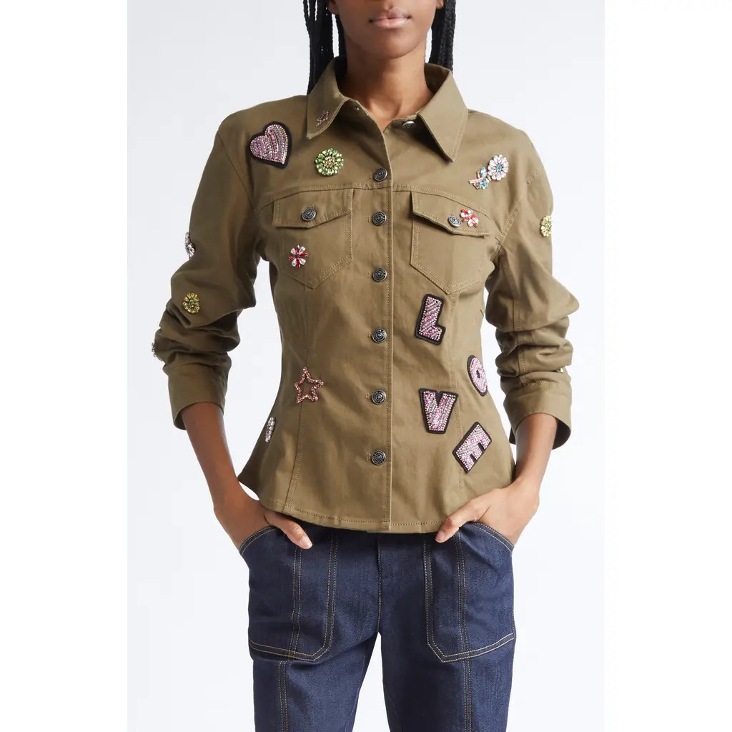 Cinq à Sept Love Appliqué Ruched Sleeve Jacket in Dark Olive/Multi at Nordstrom, Size 4 | Nordstrom