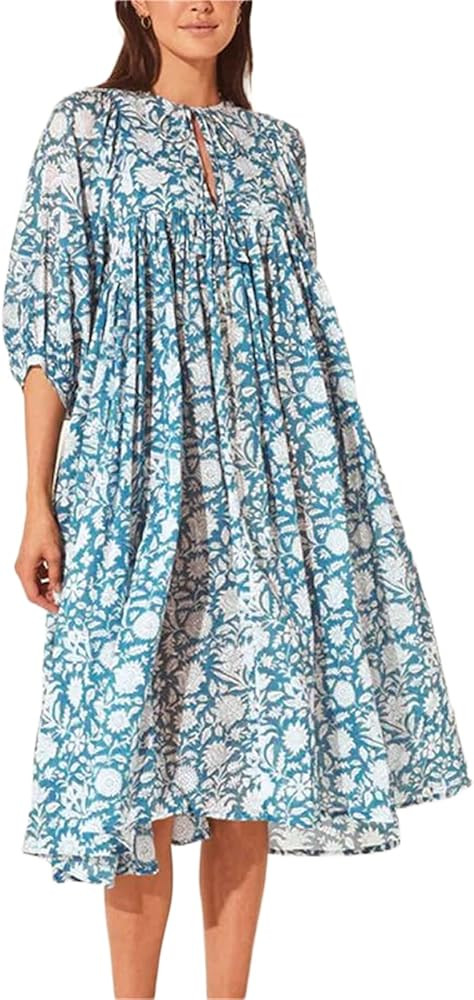 Alyweatry Women 2023 Summer Boho Midi Dress V Neck Puff Sleeve Floral Loose Flowy Swing Sundress ... | Amazon (US)