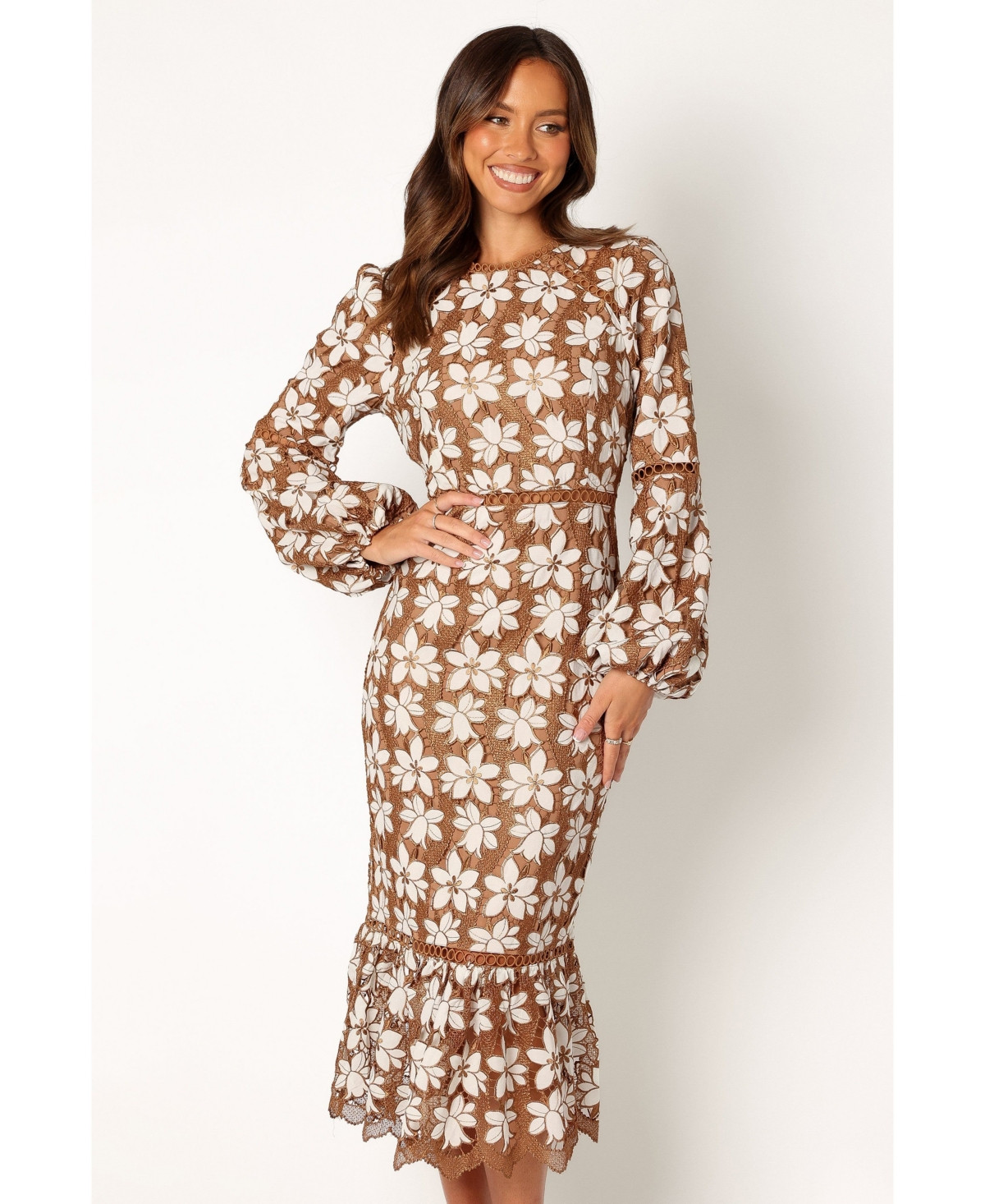 Women's Pierre Long Sleeve Lace Maxi Dress - Mocha | Macy's