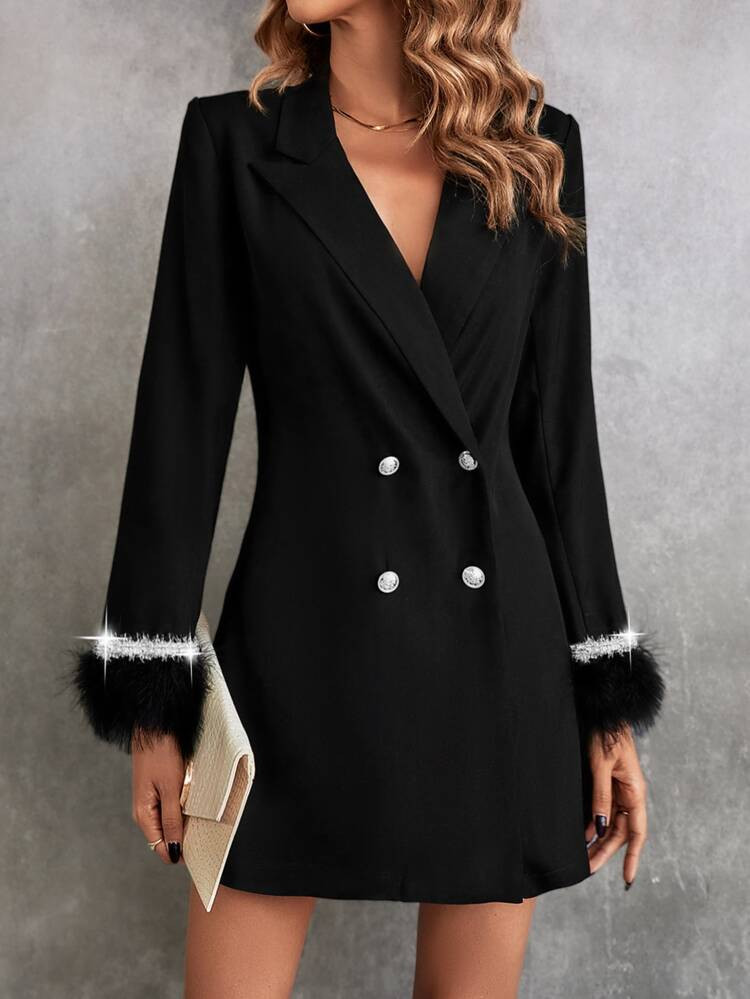 New
     
      Double Breasted Fuzzy Cuff Blazer Dress | SHEIN