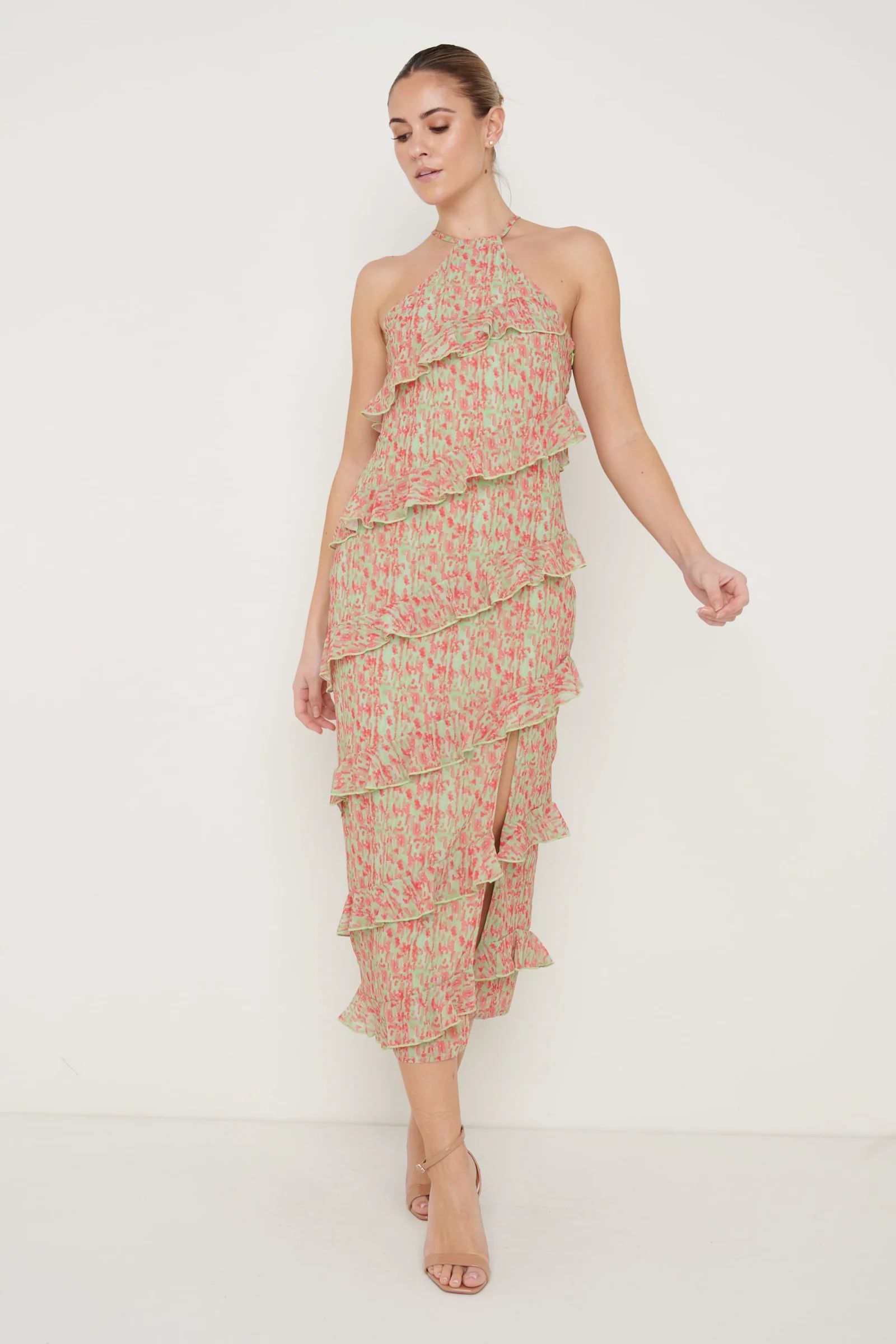 Katy Ruffle Midaxi Dress - Pink and Green Abstract Spot | Pretty Lavish (UK)