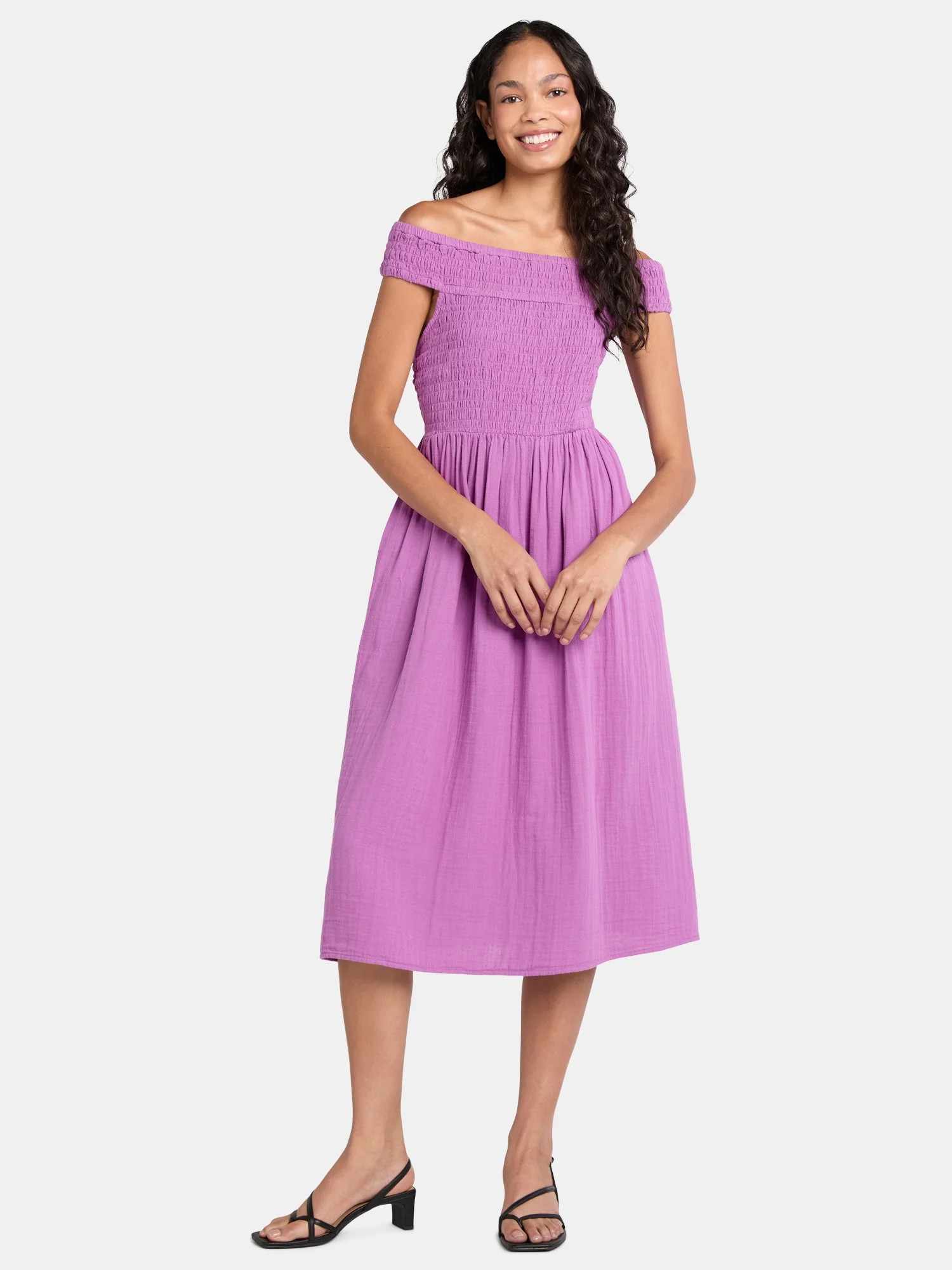 Time and Tru Women's Cotton Off the Shoulder Midi Dress, Sizes XS-XXXL | Walmart (US)