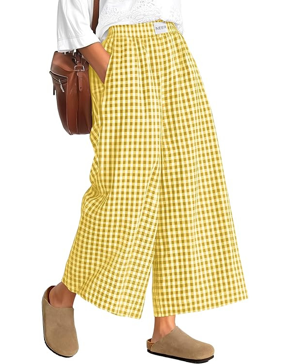 Neer Women's Plaid Gingham Skirt Pants Flowy Oversized Wide Leg Culottes Elastic Waist Palazzo Ca... | Amazon (US)