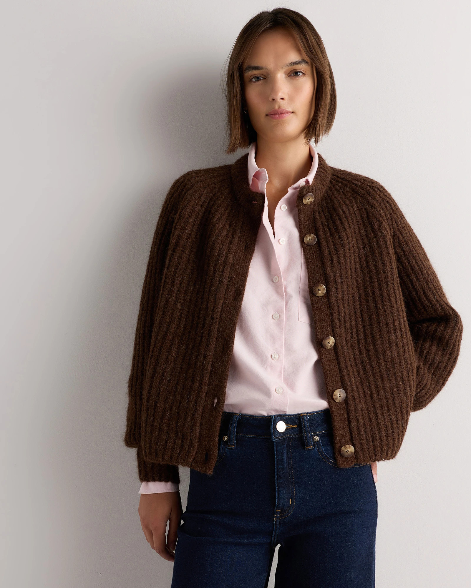 Quince | Women's Lofty Baby Alpaca Chunky Crew Cardigan Sweater in Ecru Mist Ivory, Size Medium | Quince