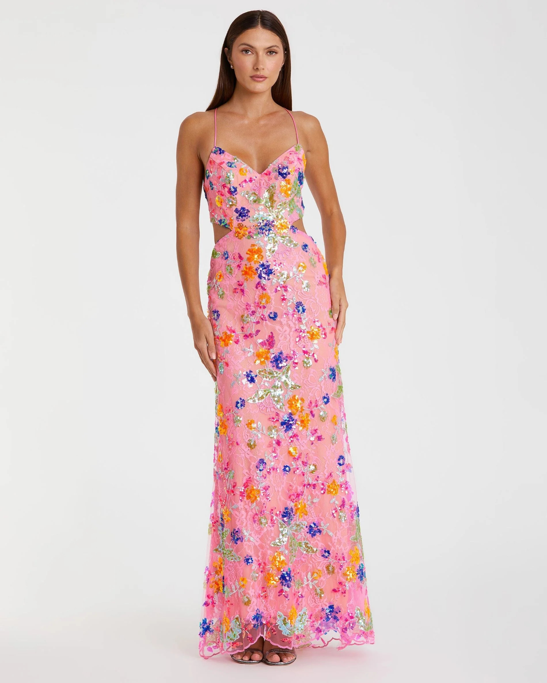 Pink Embellished Lace Strappy Column Gown | Mac Duggal | Mac Duggal