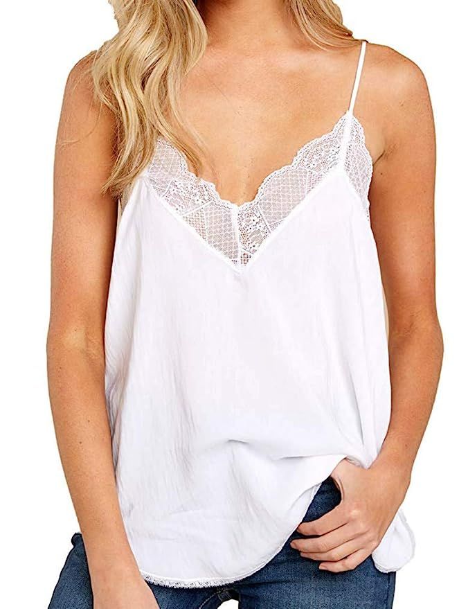 Happy Sailed Women Halter Tank Tops Lace Crochet V Neck Strappy Loose Camisole Vests Shirt | Amazon (US)