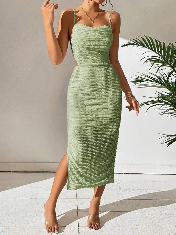 SHEIN Privé Solid Lace Up Backless Split Thigh Cami Dress | SHEIN