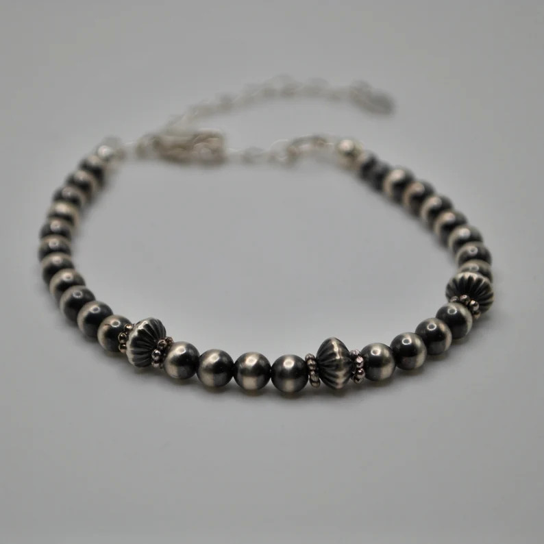 Navajo Pearl Bracelet, Oxidized Sterling Silver Bracelet, Round and Saucer Shaped Beads - Etsy | Etsy (US)