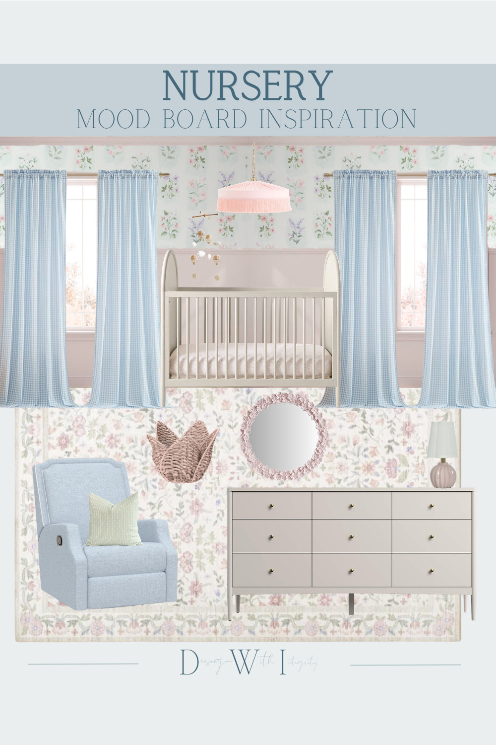 This nursery mood board pairs soft blue tones with blush and delicate florals for a space that feels light, layered, and beautifully timeless. The curved crib introduces a gentle architectural detail, while the tailored drapery and floral wallpaper create a soft, romantic backdrop. A cozy upholstered glider and streamlined dresser balance comfort and function, while subtle accents like the woven wall decor and scalloped mirror add charm and texture. The result is a nursery that feels calm, refined, and thoughtfully designed. Tap through to shop the curated nursery furniture, lighting, and decor selections.

#nurseryinspiration
#nurserydesign
#bluenursery
#floralnursery
#babyroomdesign

nursery mood board
blue nursery design
blush nursery decor
floral nursery
curved crib
nursery dresser
nursery glider
baby room inspiration 

 #LTKHome