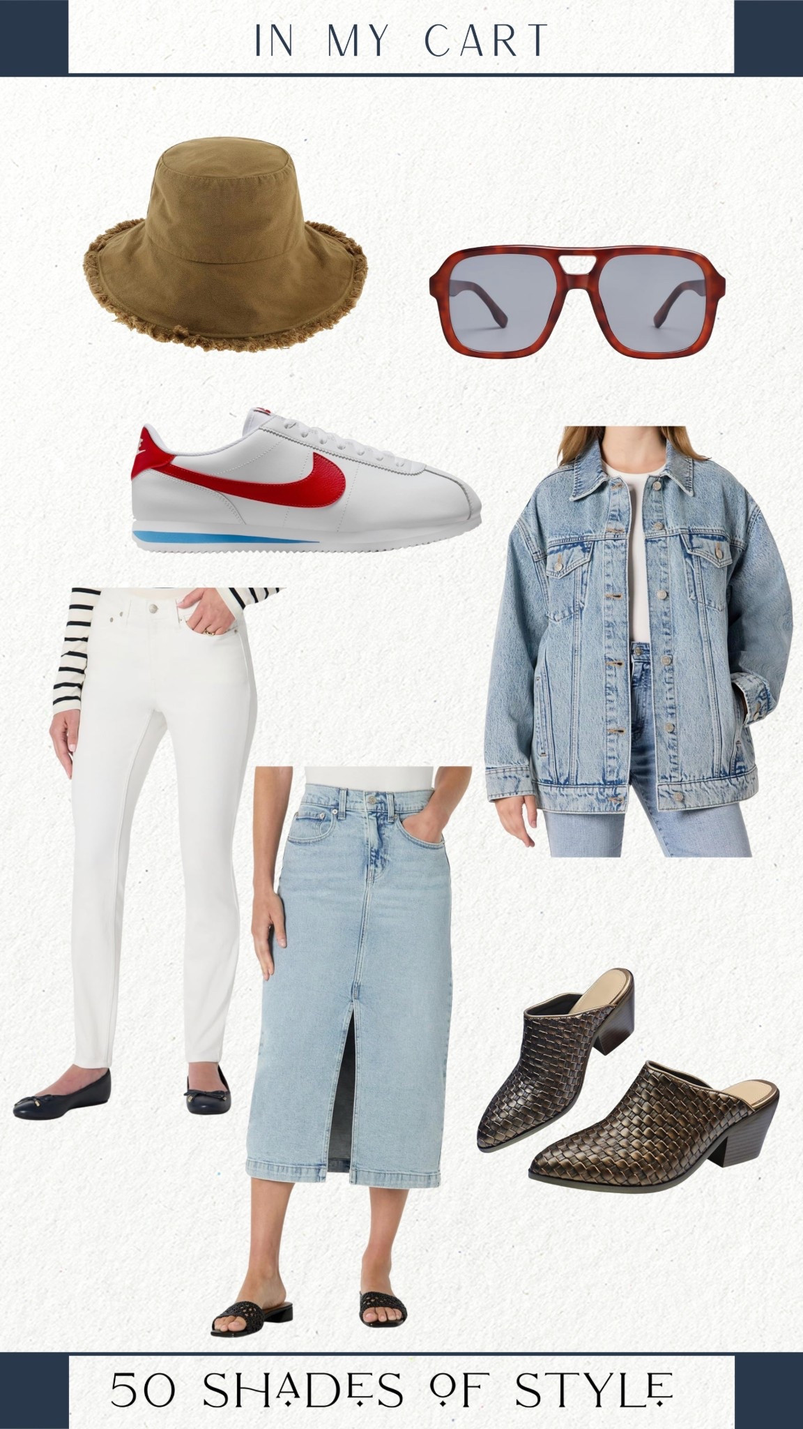sun hat, sunglasses, nike sneakers, denim jacket, white jeans, denim skirt, spring outfit 

#LTKSeasonal #LTKootd #LTKgrwm