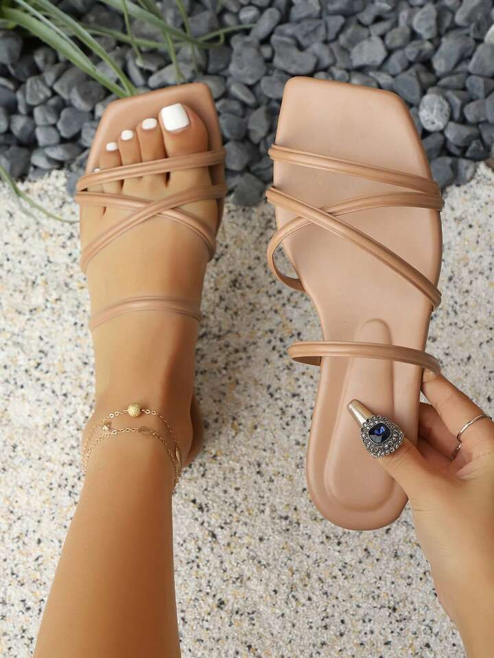 Women's Flat Sandals, Elegant & Comfortable, Plus Size, Square Toe Beach Slippers, Black, White, Beige, Khaki, Purple, Gold | SHEIN