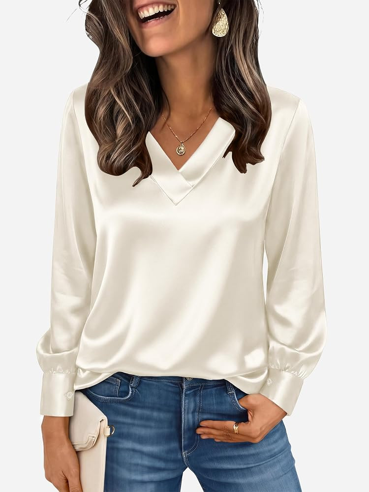 ANRABESS Women\u2019s Satin V Neck Blouse Long Sleeve Shirts | Amazon (US)