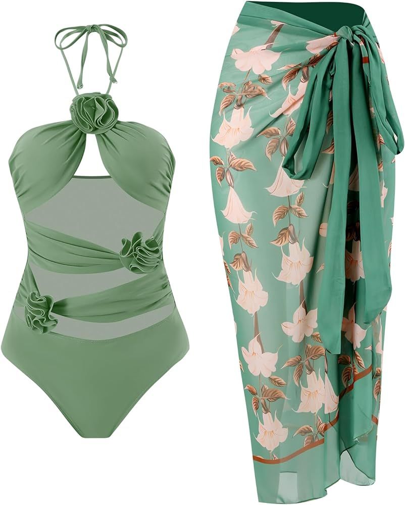Swimsuits for Women Tummy Control 2 Piece Vintage Bathing Suits for Women Floral Bikini Maxi Wrap Sk | Amazon (US)