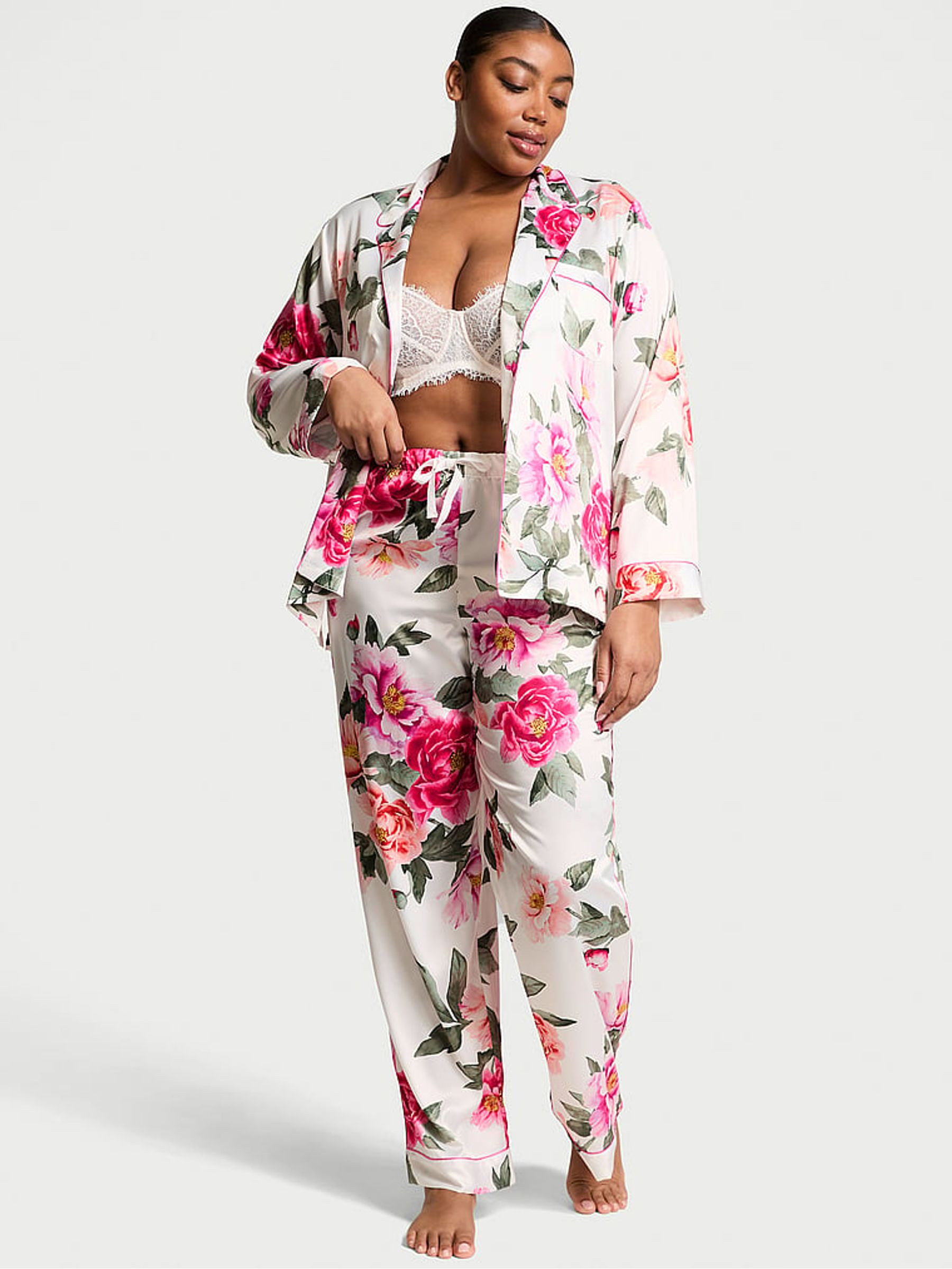 Coconut White Floral Satin Long Pyjama Set | Victoria's Secret UK | Victoria's Secret UK