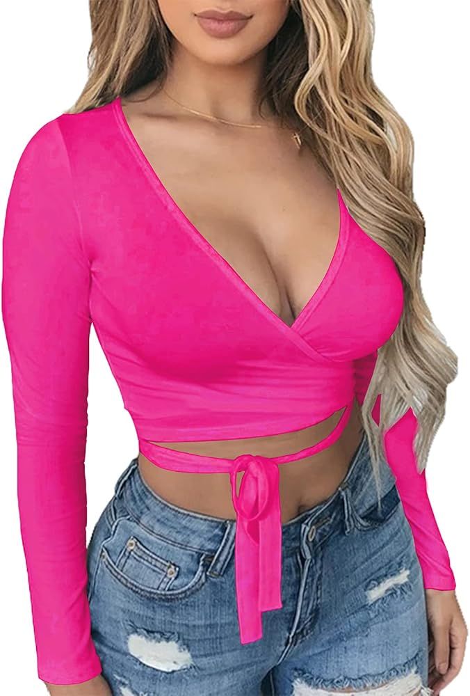 Artfish Women Sexy Deep V Neck Crop Top Bandage Wrap Tie Tight Cropped Fitted Cleavage Shirts | Amazon (US)